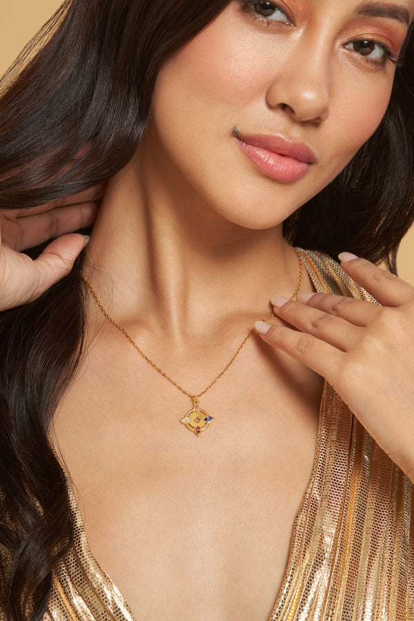 Four Point Gem Necklace in Yellow Gold